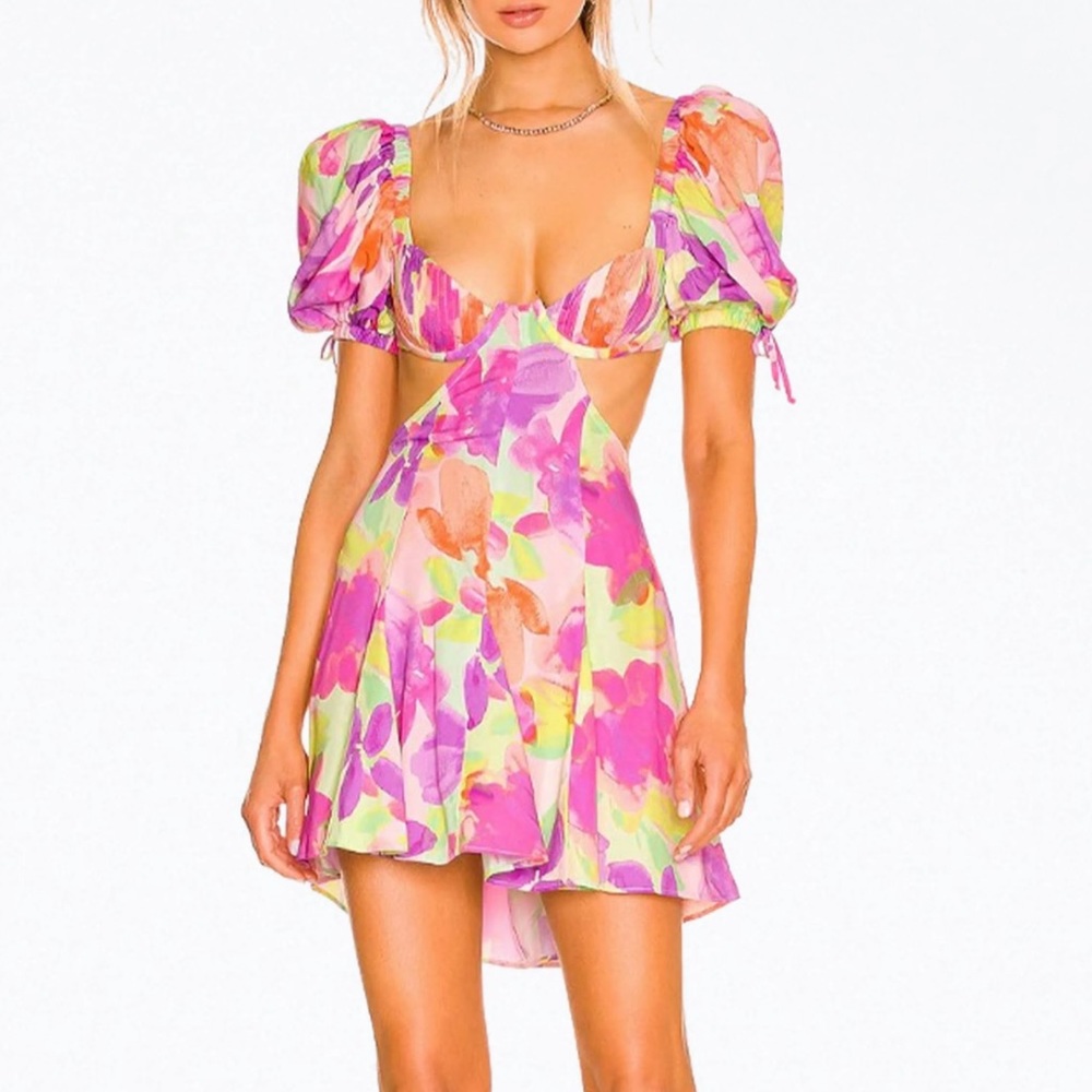 FOR LOVE & LEMONS MYA TROPICAL-PRINT CUTOUT MINI DRESS ( retail 221$)